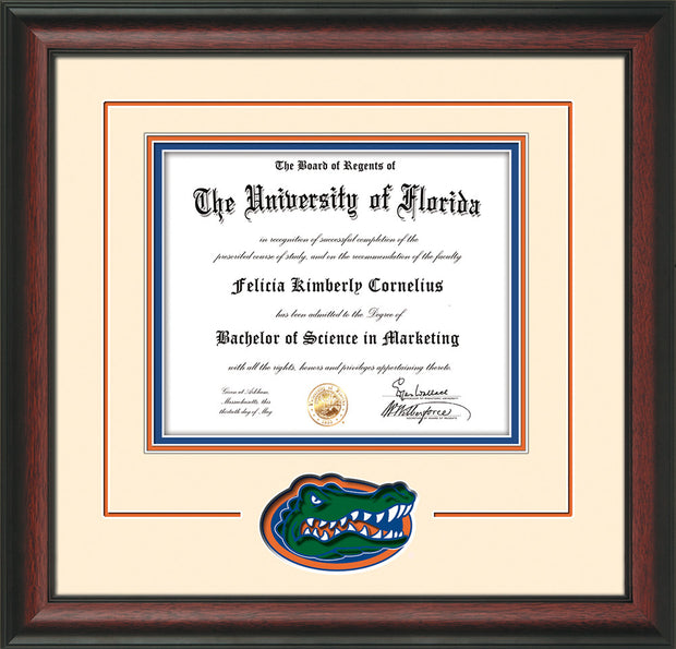Image of University of Florida Diploma Frame - Rosewood - 3D Laser UF Gator Head Logo Cutout - Cream on Orange on Royal Blue mat
