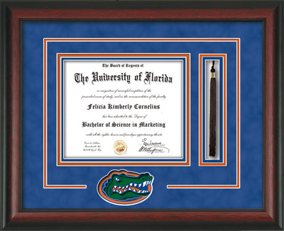 Image of University of Florida Diploma Frame - Rosewood - 3D Laser UF Gator Head Logo Cutout - Royal Blue Suede on Orange on Royal Blue mat