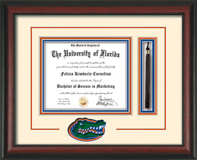 Image of University of Florida Diploma Frame - Rosewood - 3D Laser UF Gator Head Logo Cutout - Tassel Holder - Cream on Orange on Royal Blue mat