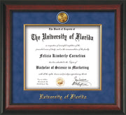 Image of University of Florida Diploma Frame - Rosewood - w/24k Gold-Plated Medallion & Fillet - w/UFL Name Embossing - Royal Blue Suede mat