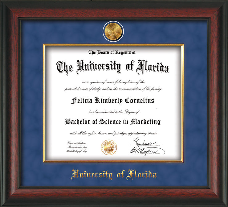 Image of University of Florida Diploma Frame - Rosewood - w/24k Gold-Plated Medallion & Fillet - w/UFL Name Embossing - Royal Blue Suede mat