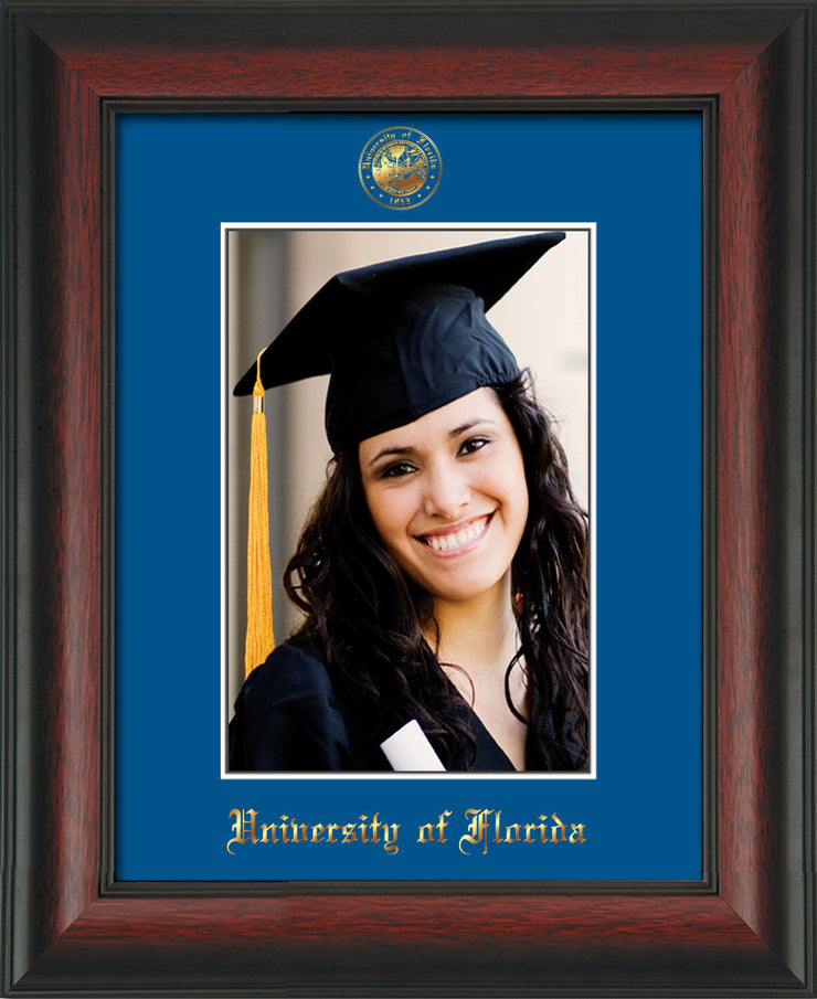 Image of University of Florida 5 x 7 Photo Frame - Rosewood - w/Official Embossing of UF Seal & Name - Single Royal Blue mat