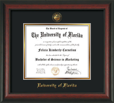 Image of University of Florida Diploma Frame - Rosewood - w/Embossed Seal & Name - Black on Gold mat