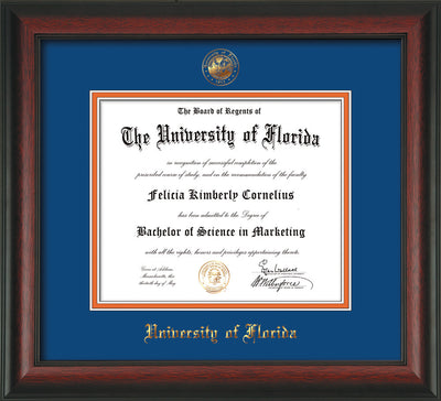 Image of University of Florida Diploma Frame - Rosewood - w/Embossed Seal & Name - Royal Blue on Orange mat
