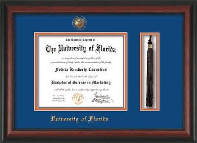 Image of University of Florida Diploma Frame - Rosewood - w/Embossed Seal & Name - Tassel Holder - Royal Blue on Orange mat