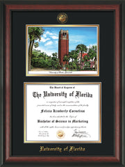 Image of University of Florida Diploma Frame - Rosewood - w/Embossed Seal & Name - Watercolor - Black on Gold mat