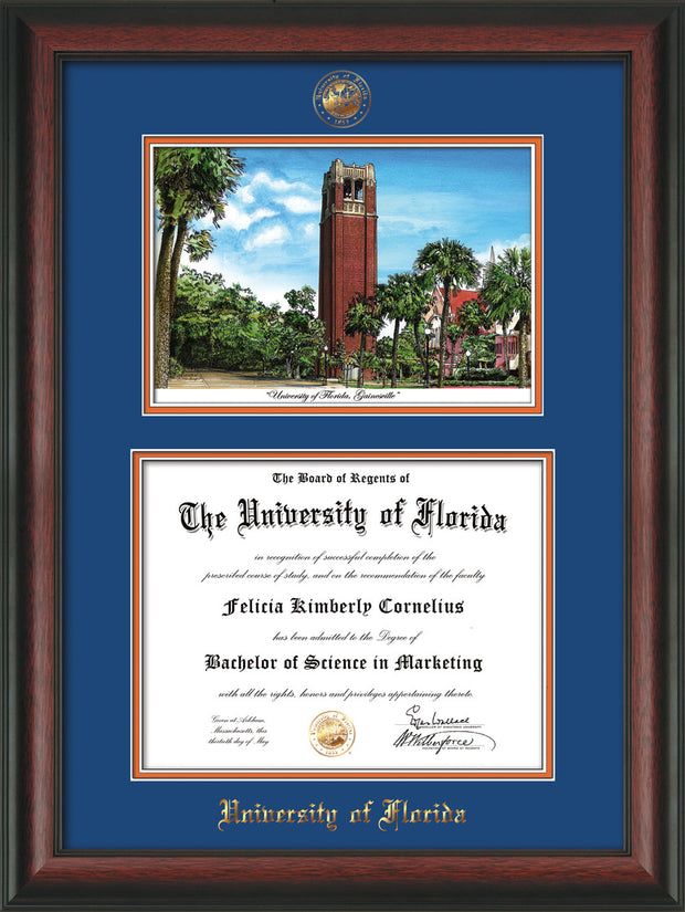 Image of University of Florida Diploma Frame - Rosewood - w/Embossed Seal & Name - Watercolor - Royal Blue on Orange mat