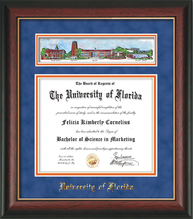 Image of University of Florida Diploma Frame - Rosewood w/Gold Lip - w/Embossed School Name Only - Campus Collage - Royal Blue Suede on Orange mat