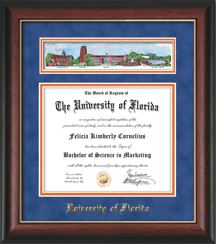 Image of University of Florida Diploma Frame - Rosewood w/Gold Lip - w/Embossed School Name Only - Campus Collage - Royal Blue Suede on Orange mat