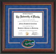 Image of University of Florida Diploma Frame - Rosewood w/Gold Lip - 3D Laser UF Gator Head Logo Cutout - Royal Blue Suede on Orange on Royal Blue mat