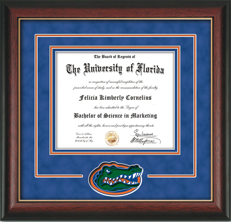 Image of University of Florida Diploma Frame - Rosewood w/Gold Lip - 3D Laser UF Gator Head Logo Cutout - Royal Blue Suede on Orange on Royal Blue mat