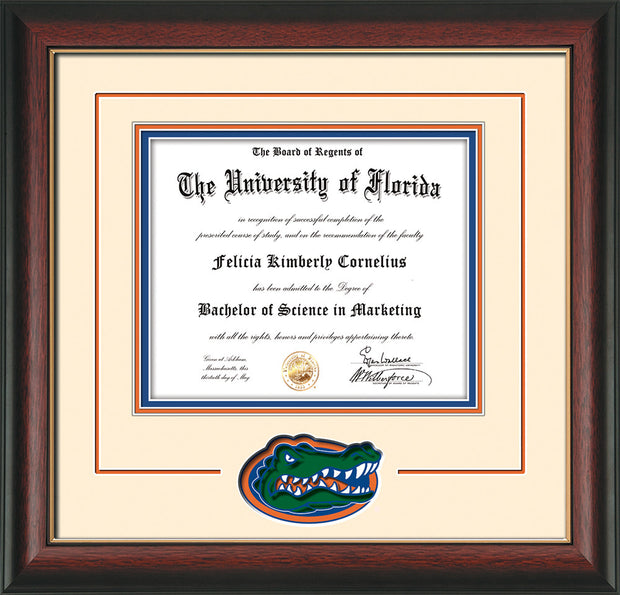 Image of University of Florida Diploma Frame - Rosewood w/Gold Lip - 3D Laser UF Gator Head Logo Cutout - Cream on Orange on Royal Blue mat