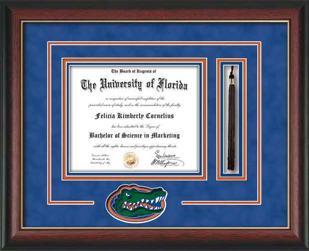 Image of University of Florida Diploma Frame - Rosewood w/Gold Lip - 3D Laser UF Gator Head Logo Cutout - Tassel Holder - Royal Blue Suede on Orange on Royal Blue mat