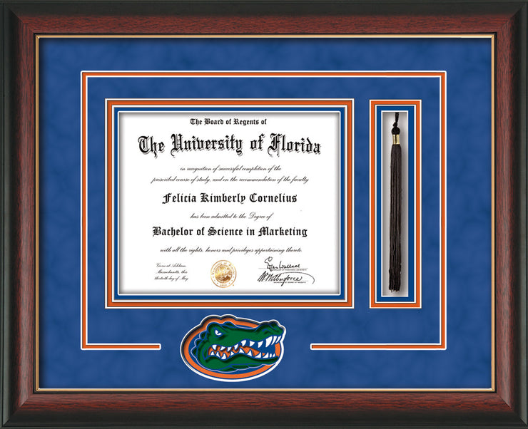 Image of University of Florida Diploma Frame - Rosewood w/Gold Lip - 3D Laser UF Gator Head Logo Cutout - Tassel Holder - Royal Blue Suede on Orange on Royal Blue mat