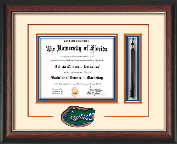 Image of University of Florida Diploma Frame - Rosewood w/Gold Lip - 3D Laser UF Gator Head Logo Cutout - Tassel Holder - Cream on Orange on Royal Blue mat