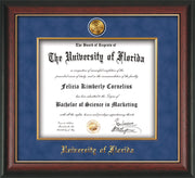 Image of University of Florida Diploma Frame - Rosewood w/Gold Lip - w/24k Gold-Plated Medallion & Fillet - w/UFL Name Embossing - Royal Blue Suede mat