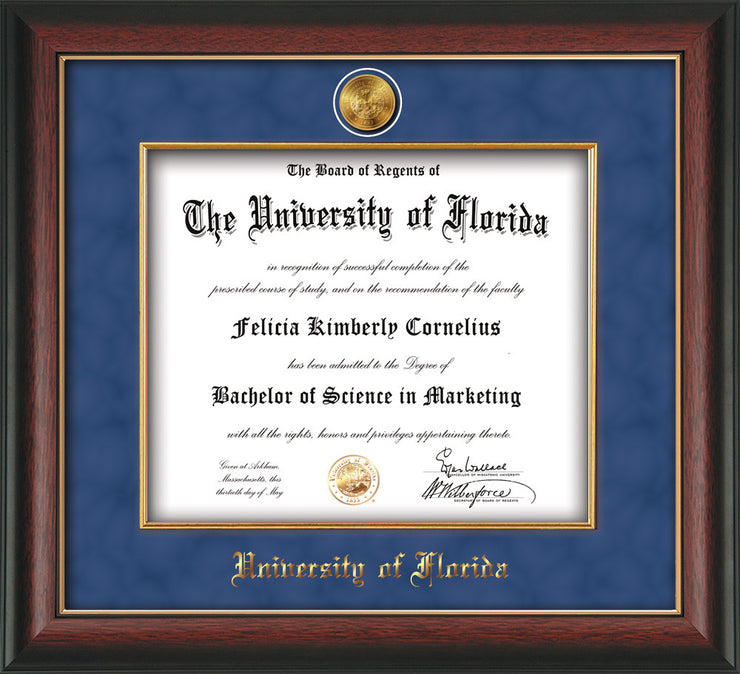 Image of University of Florida Diploma Frame - Rosewood w/Gold Lip - w/24k Gold-Plated Medallion & Fillet - w/UFL Name Embossing - Royal Blue Suede mat