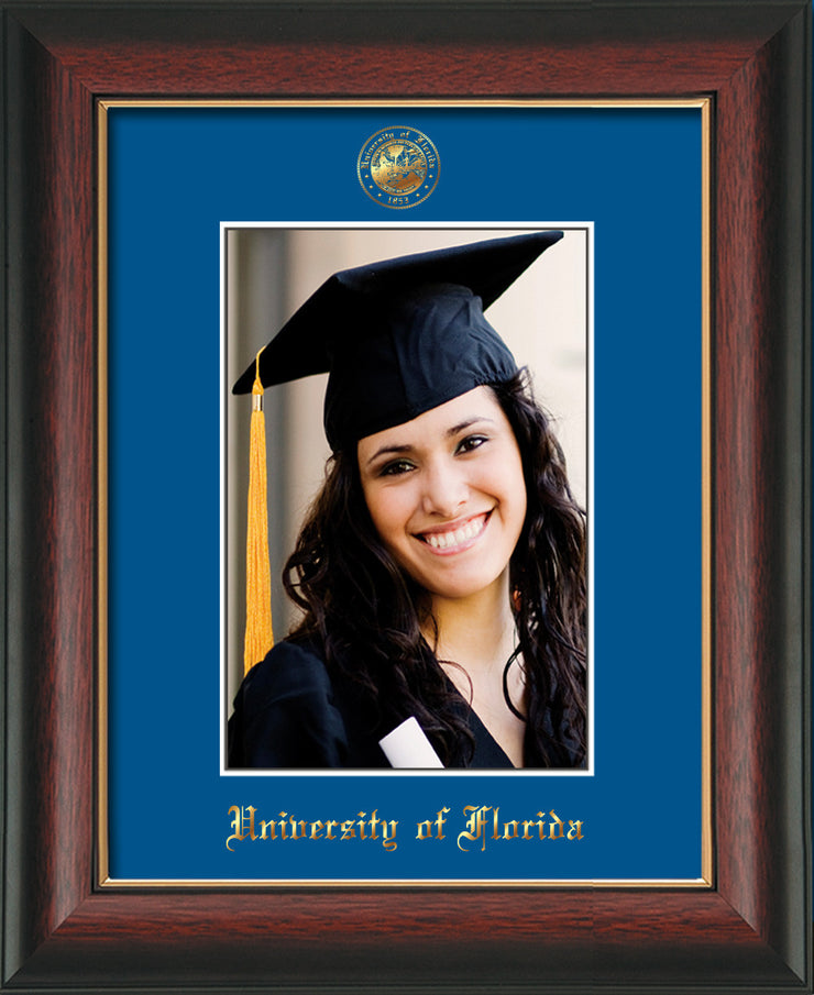 Image of University of Florida 5 x 7 Photo Frame - Rosewood w/Gold Lip - w/Official Embossing of UF Seal & Name - Single Royal Blue mat