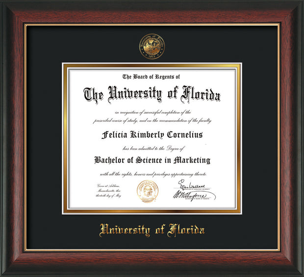 Image of University of Florida Diploma Frame - Rosewood w/Gold Lip - w/Embossed Seal & Name - Black on Gold mat