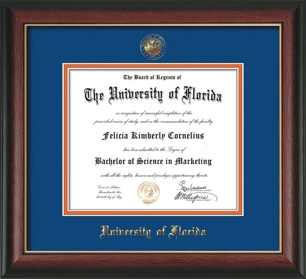 Image of University of Florida Diploma Frame - Rosewood w/Gold Lip - w/Embossed Seal & Name - Royal Blue on Orange mat