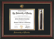 Image of University of Florida Diploma Frame - Rosewood w/Gold Lip - w/Embossed Seal & Name - Tassel Holder - Black on Gold mat