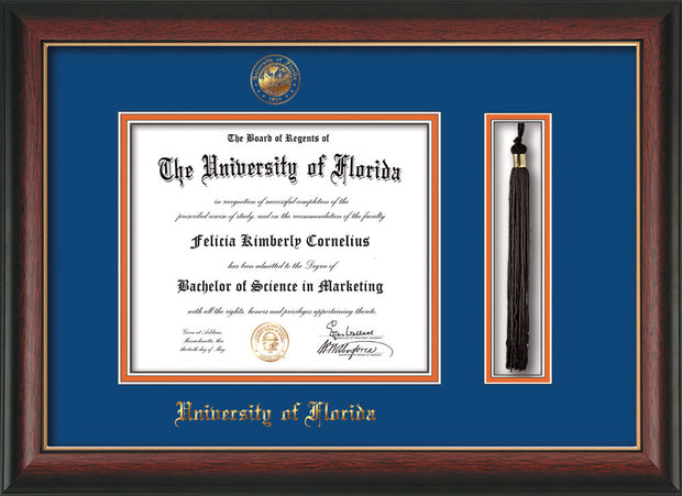 Image of University of Florida Diploma Frame - Rosewood w/Gold Lip - w/Embossed Seal & Name - Tassel Holder - Royal Blue on Orange mat