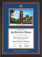 Image of University of Florida Diploma Frame - Rosewood w/Gold Lip - w/Embossed Seal & Name - Watercolor - Royal Blue on Orange mat