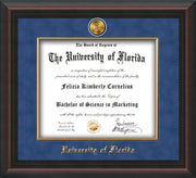 Image of University of Florida Diploma Frame - Mahogany Braid - w/24k Gold-Plated Medallion & Fillet - w/UFL Name Embossing - Royal Blue Suede mat