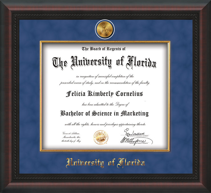 Image of University of Florida Diploma Frame - Mahogany Braid - w/24k Gold-Plated Medallion & Fillet - w/UFL Name Embossing - Royal Blue Suede mat