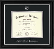 Image of University of Richmond Diploma Frame - Satin Silver - w/Silver Embossed Seal & Name - Black on Silver mats