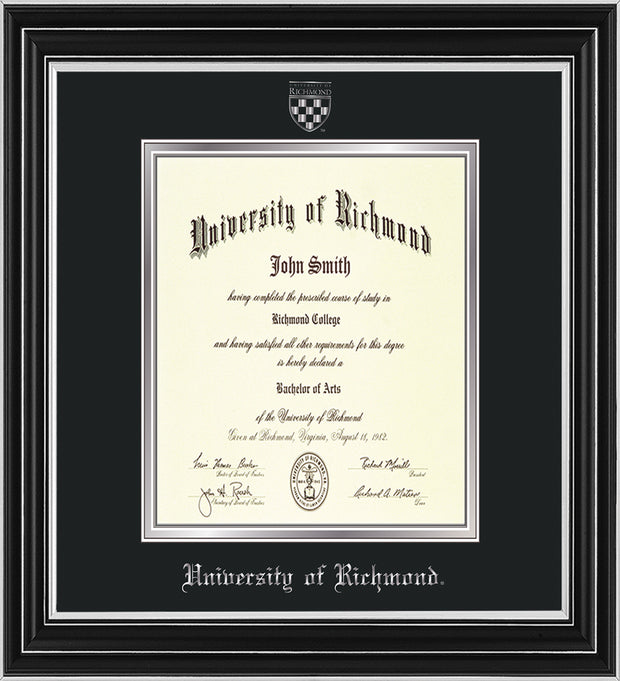 Image of University of Richmond Diploma Frame - Satin Silver - w/Silver Embossed Seal & Name - Black on Silver mats