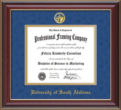 Image of University of South Alabama Diploma Frame - Cherry Lacquer - w/USA Embossed Seal & Name - Royal Blue Suede on Gold mats