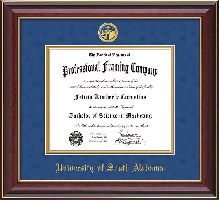 Image of University of South Alabama Diploma Frame - Cherry Lacquer - w/USA Embossed Seal & Name - Royal Blue Suede on Gold mats