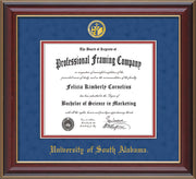 Image of University of South Alabama Diploma Frame - Cherry Lacquer - w/USA Embossed Seal & Name - Royal Blue Suede on Crimson mats