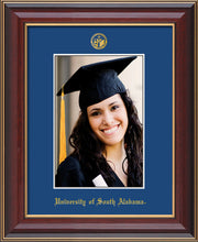 Image of University of South Alabama - 5 x 7 Photo Frame - Cherry Lacquer - w/Official Embossing of USA Seal & Name - Single Royal Blue mat