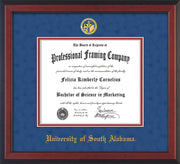 Image of University of South Alabama Diploma Frame - Cherry Reverse - w/USA Embossed Seal & Name - Royal Blue Suede on Crimson mats