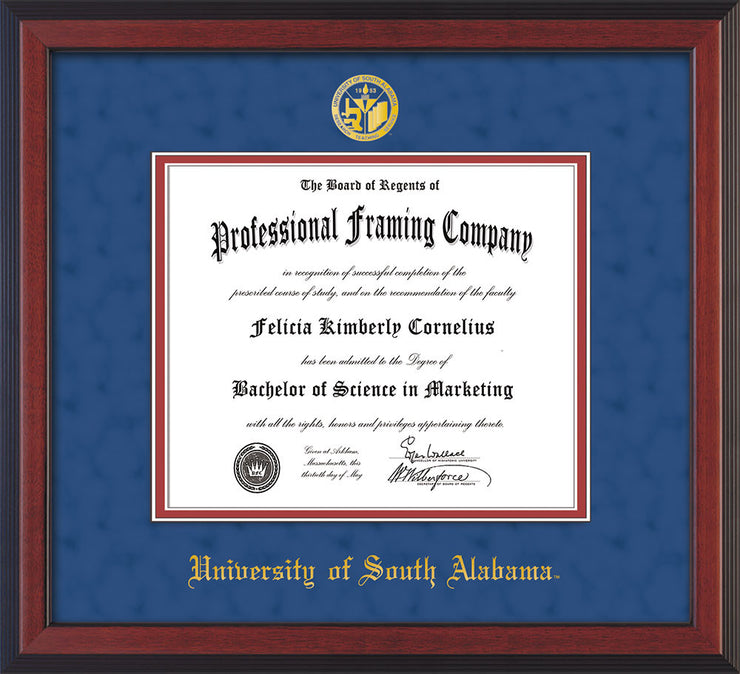 Image of University of South Alabama Diploma Frame - Cherry Reverse - w/USA Embossed Seal & Name - Royal Blue Suede on Crimson mats