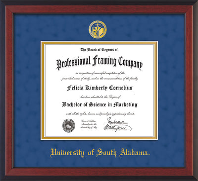 Image of University of South Alabama Diploma Frame - Cherry Reverse - w/USA Embossed Seal & Name - Royal Blue Suede on Gold mats