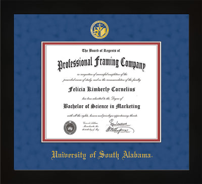 Image of University of South Alabama Diploma Frame - Flat Matte Black - w/USA Embossed Seal & Name - Royal Blue Suede on Crimson mats