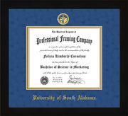 Image of University of South Alabama Diploma Frame - Flat Matte Black - w/USA Embossed Seal & Name - Royal Blue Suede on Gold mats