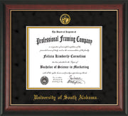 Image of University of South Alabama Diploma Frame - Rosewood w/Gold Lip - w/USA Embossed Seal & Name - Black Suede on Gold mats