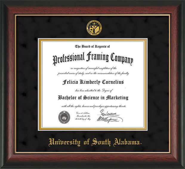 Image of University of South Alabama Diploma Frame - Rosewood w/Gold Lip - w/USA Embossed Seal & Name - Black Suede on Gold mats