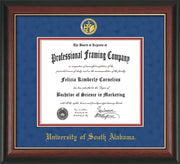 Image of University of South Alabama Diploma Frame - Rosewood w/Gold Lip - w/USA Embossed Seal & Name - Royal Blue Suede on Crimson mats