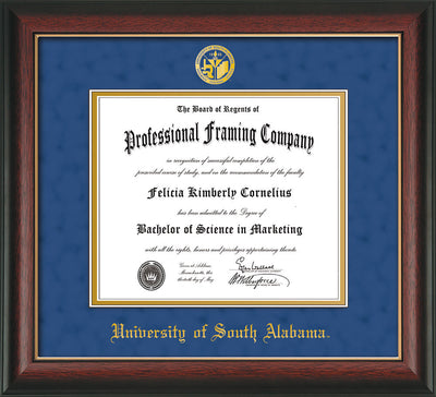 Image of University of South Alabama Diploma Frame - Rosewood w/Gold Lip - w/USA Embossed Seal & Name - Royal Blue Suede on Gold mats