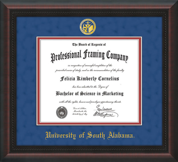 Image of University of South Alabama Diploma Frame - Mahogany Braid - w/USA Embossed Seal & Name - Royal Blue Suede on Crimson mats