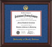 Image of University of South Alabama Diploma Frame - Mahogany Lacquer - w/USA Embossed Seal & Name - Royal Blue Suede on Crimson mats