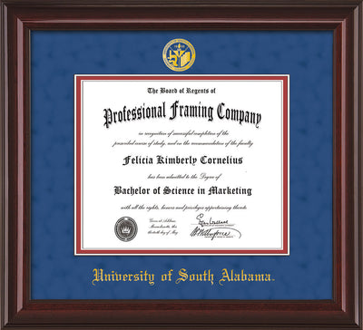 Image of University of South Alabama Diploma Frame - Mahogany Lacquer - w/USA Embossed Seal & Name - Royal Blue Suede on Crimson mats