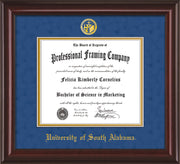 Image of University of South Alabama Diploma Frame - Mahogany Lacquer - w/USA Embossed Seal & Name - Royal Blue Suede on Gold mats
