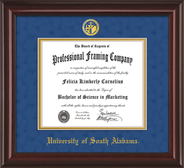 Image of University of South Alabama Diploma Frame - Mahogany Lacquer - w/USA Embossed Seal & Name - Royal Blue Suede on Gold mats