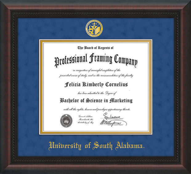 Image of University of South Alabama Diploma Frame - Mahogany Braid - w/USA Embossed Seal & Name - Royal Blue Suede on Gold mats